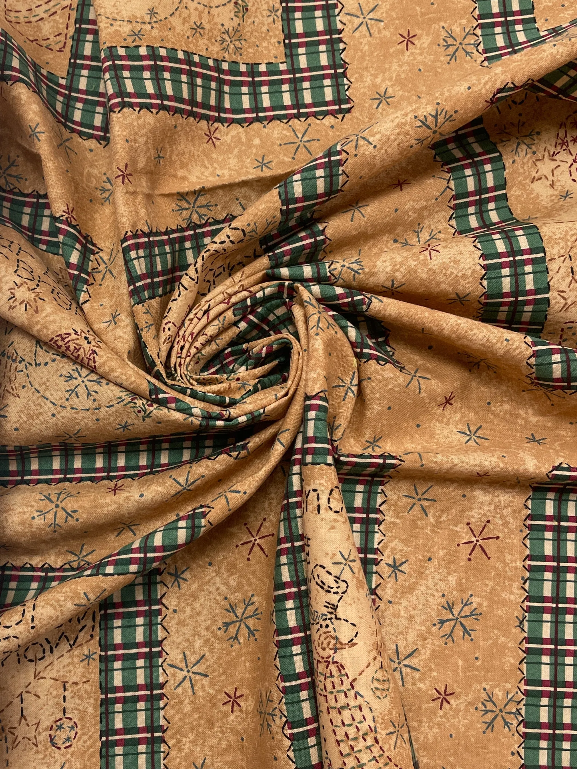 1 YD Quilting Cotton - Mottled Tan with Christmas "Frames"