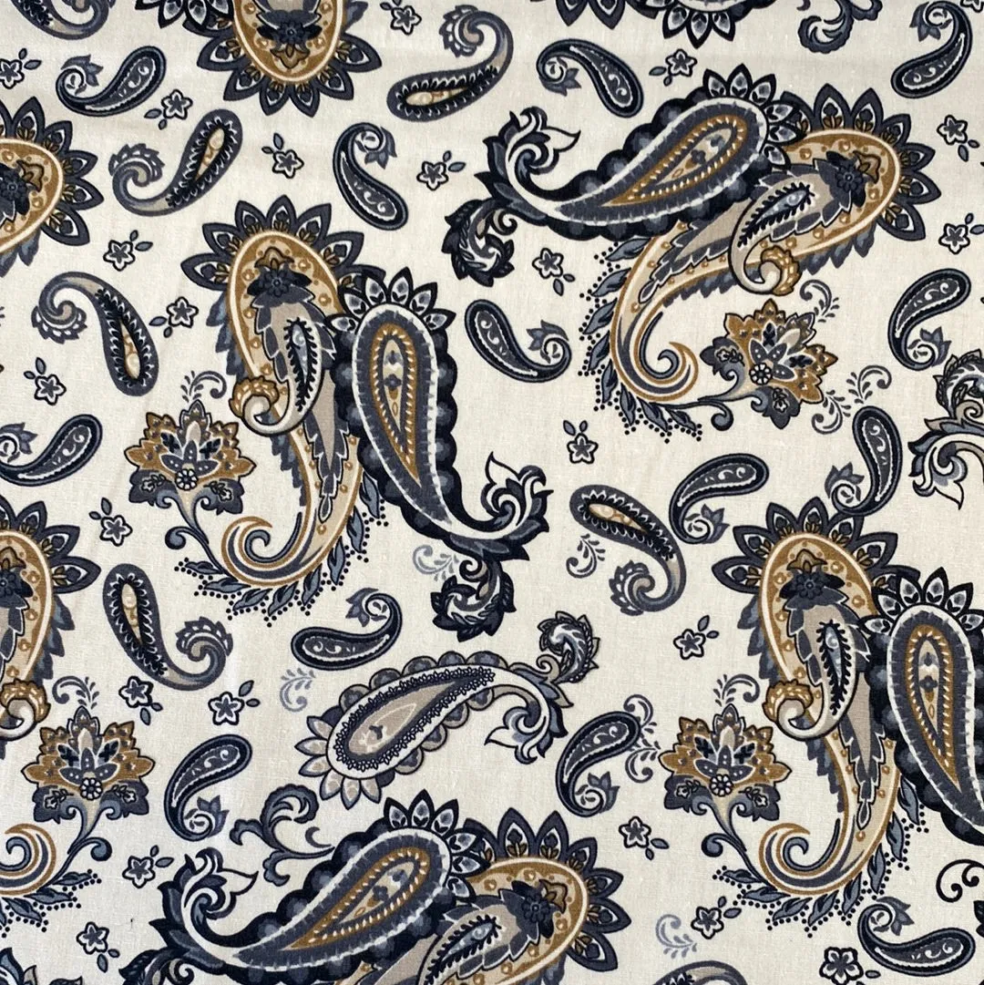 100% Cotton Poplin  - Paisley - Ivory/Black - Sold by Half Metre