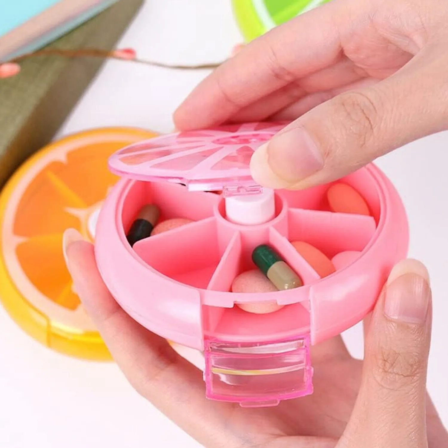 12609 Pill Box Medicine Dispenser 7-Day Week Weekly Whee Cute Portable fruit style 7 grid seal rotation Pill Organizer Medicine Box (1 Pc)