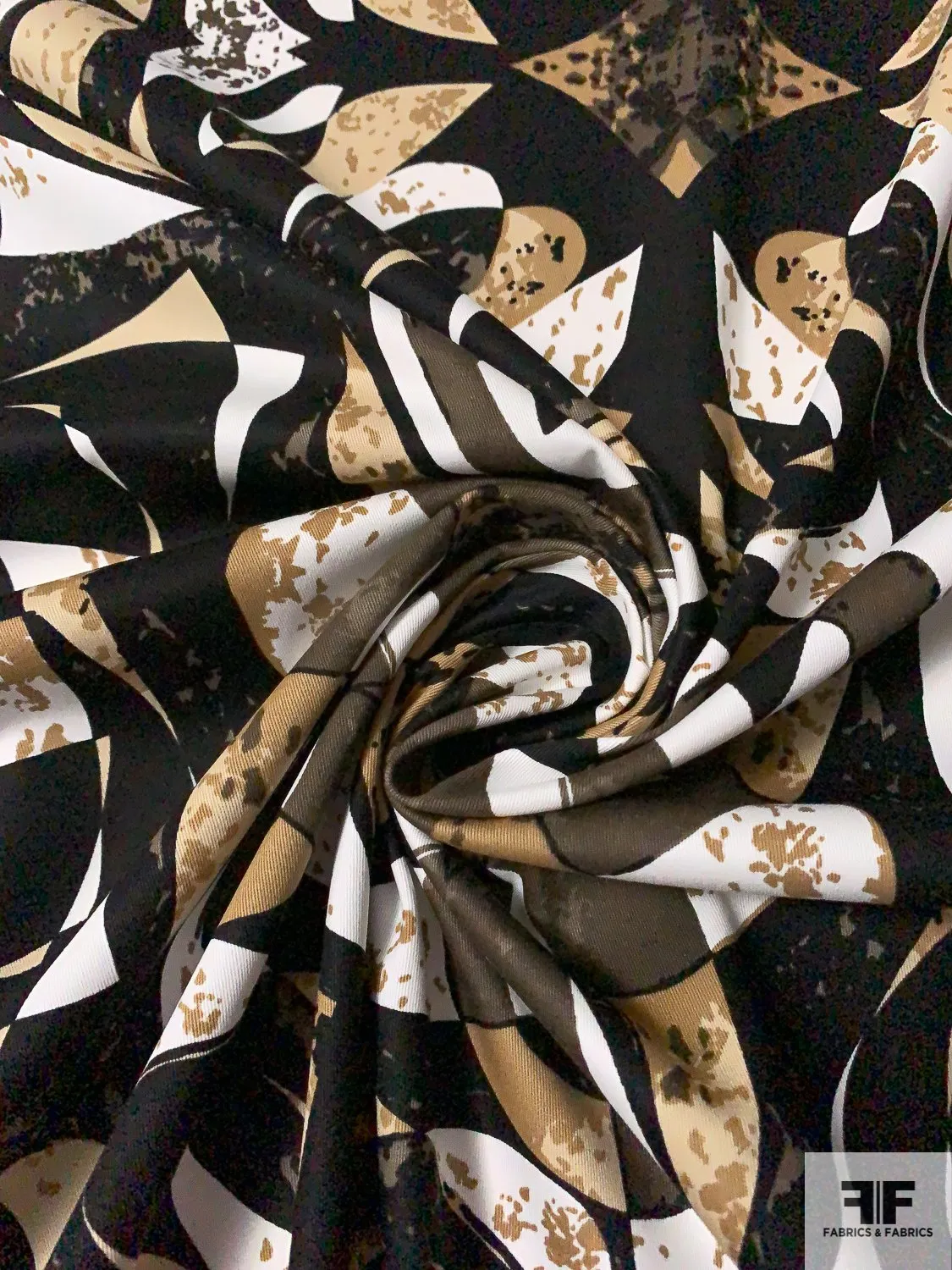 Abstract Printed Stretch Cotton Twill - Tan / Beige / Black / White