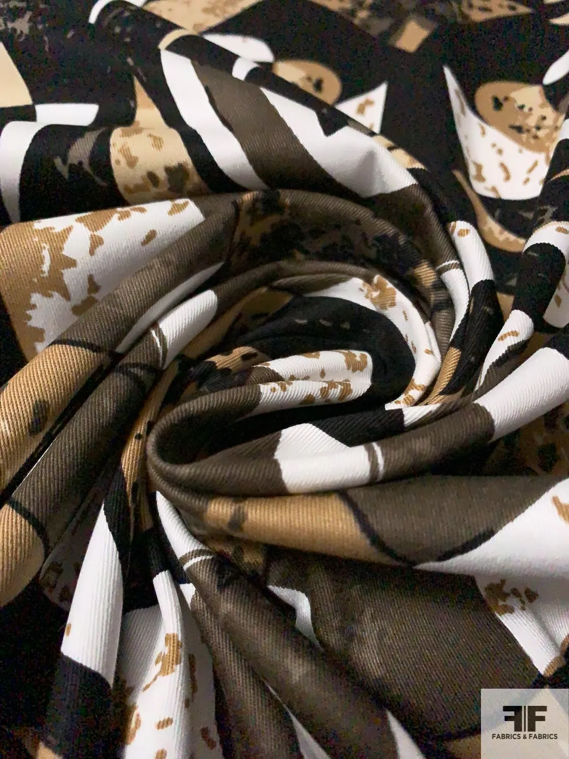 Abstract Printed Stretch Cotton Twill - Tan / Beige / Black / White