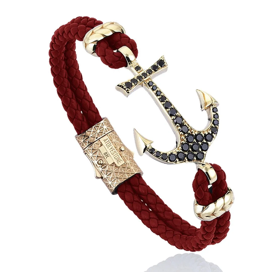 Anchor Leather Bracelet - Solid Yellow Gold