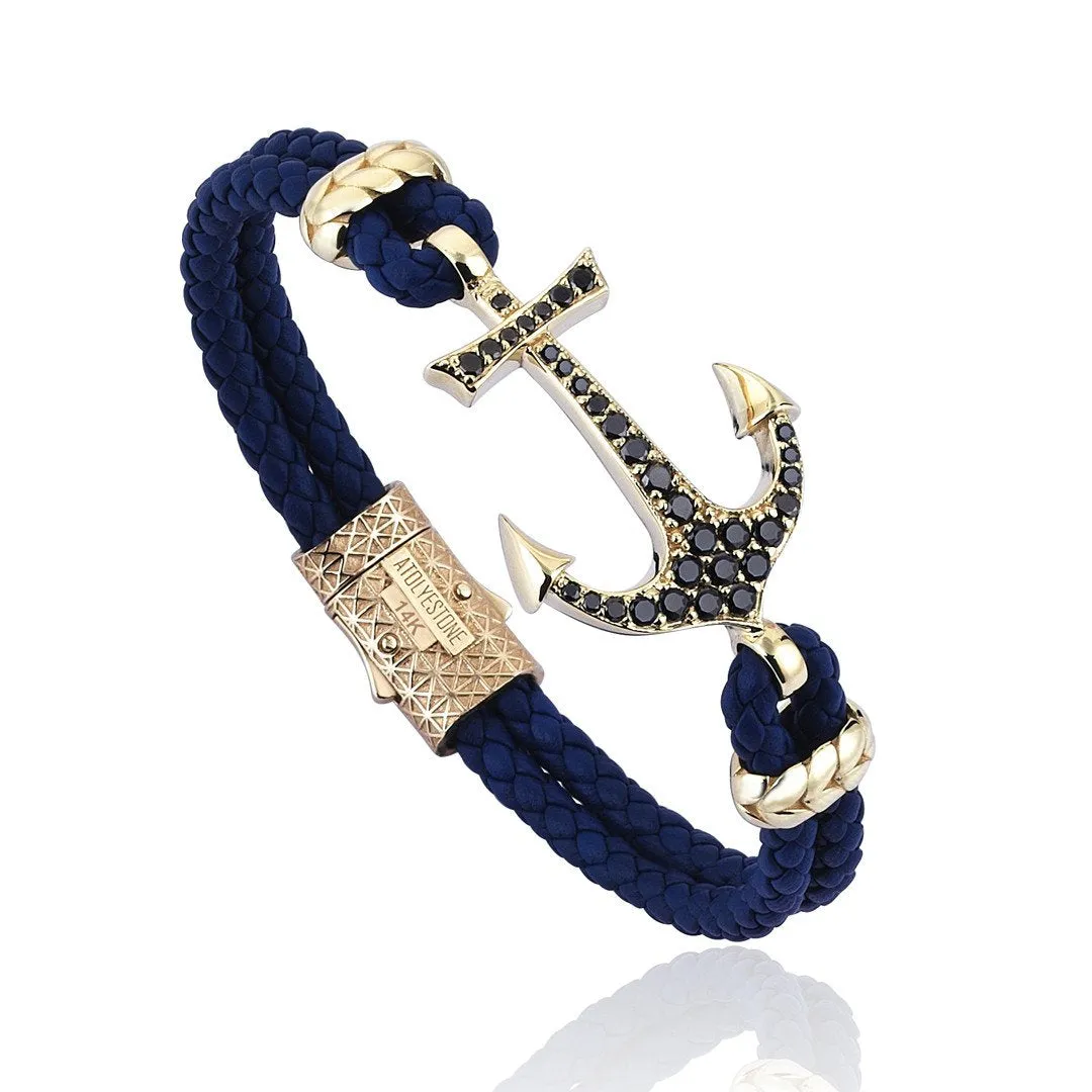 Anchor Leather Bracelet - Solid Yellow Gold