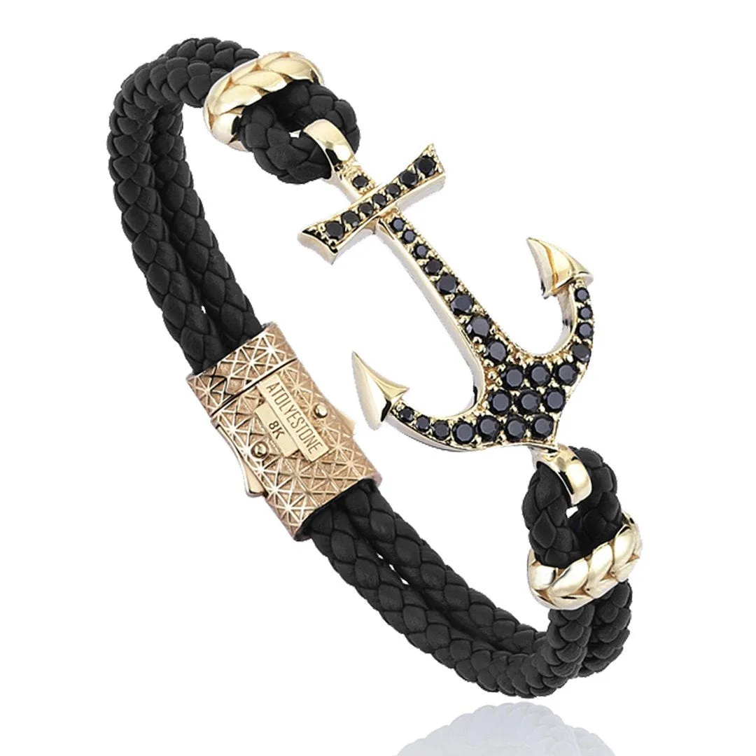 Anchor Leather Bracelet - Solid Yellow Gold