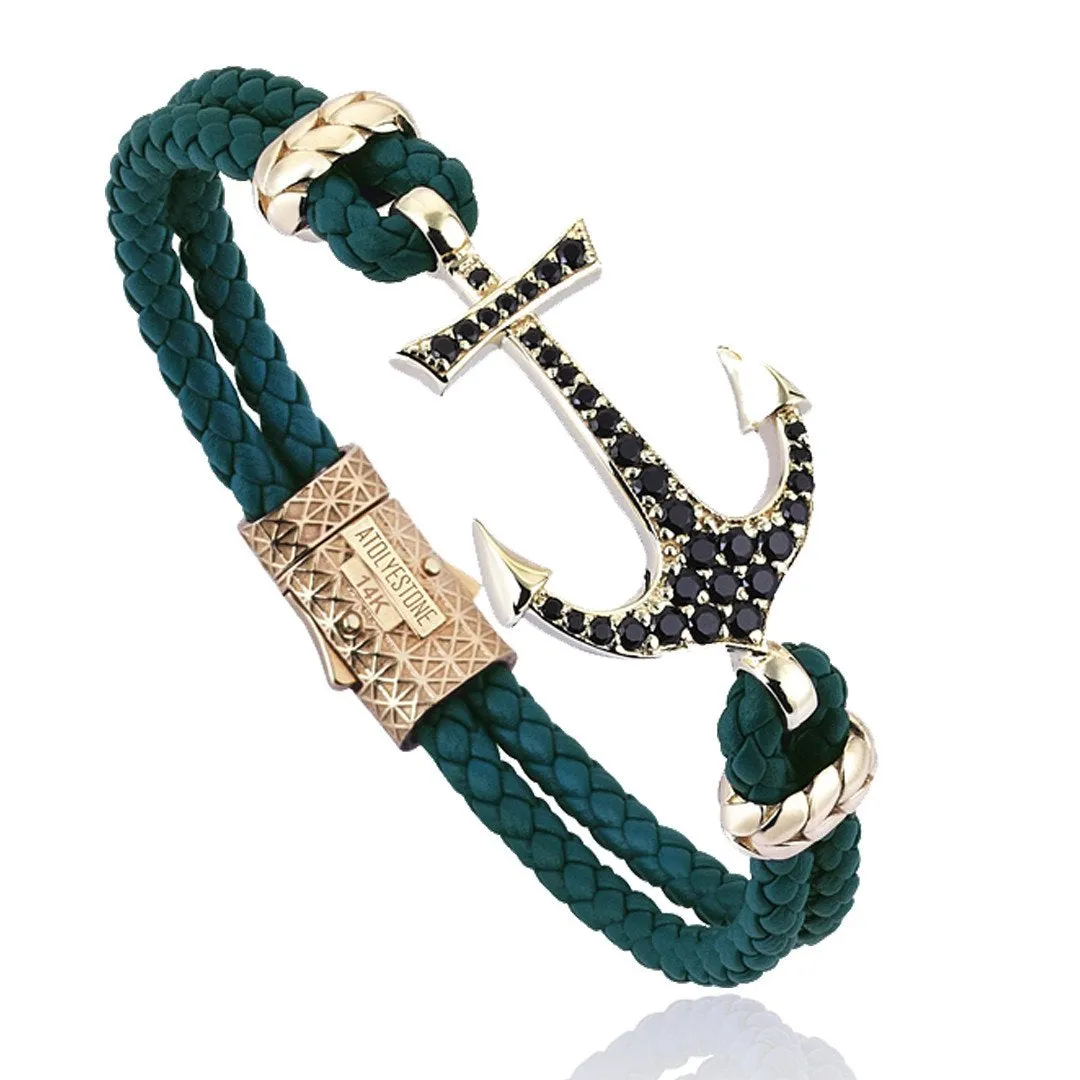 Anchor Leather Bracelet - Solid Yellow Gold