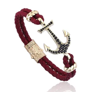Anchor Leather Bracelet - Solid Yellow Gold
