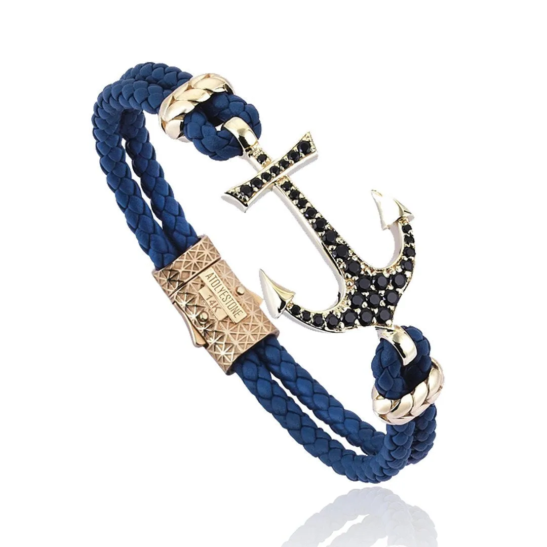 Anchor Leather Bracelet - Solid Yellow Gold