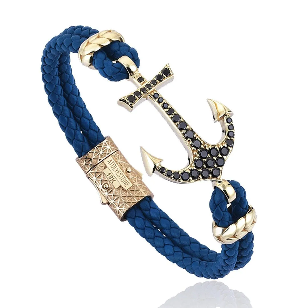 Anchor Leather Bracelet - Solid Yellow Gold