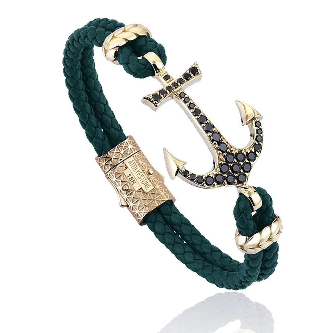 Anchor Leather Bracelet - Solid Yellow Gold
