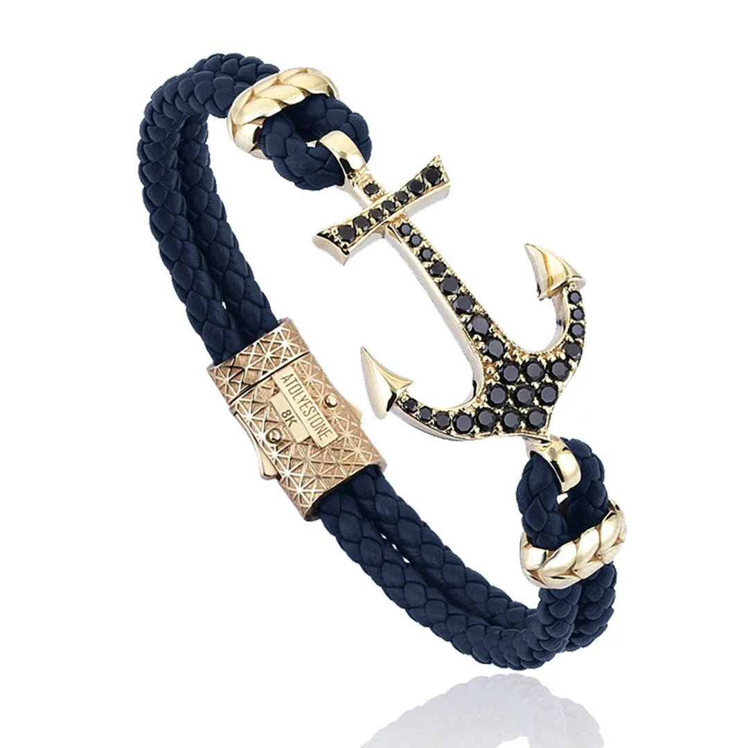 Anchor Leather Bracelet - Solid Yellow Gold