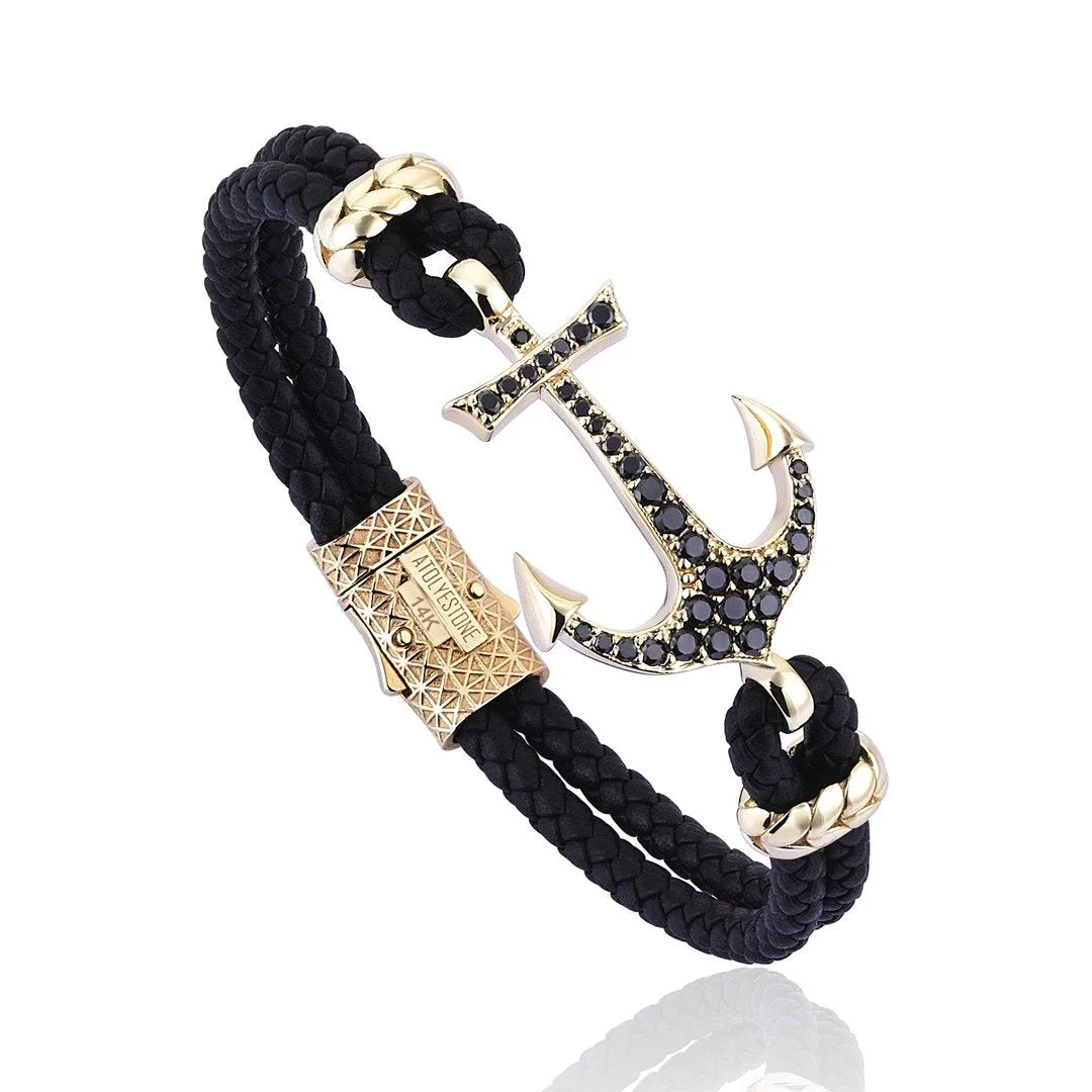 Anchor Leather Bracelet - Solid Yellow Gold