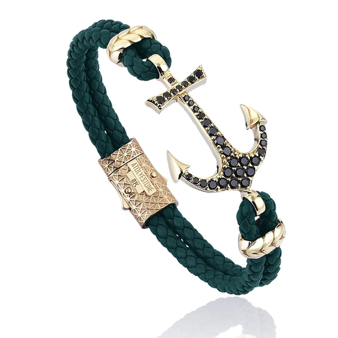 Anchor Leather Bracelet - Solid Yellow Gold