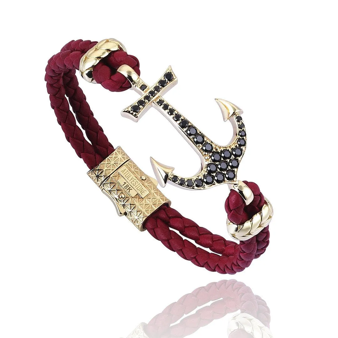 Anchor Leather Bracelet - Solid Yellow Gold