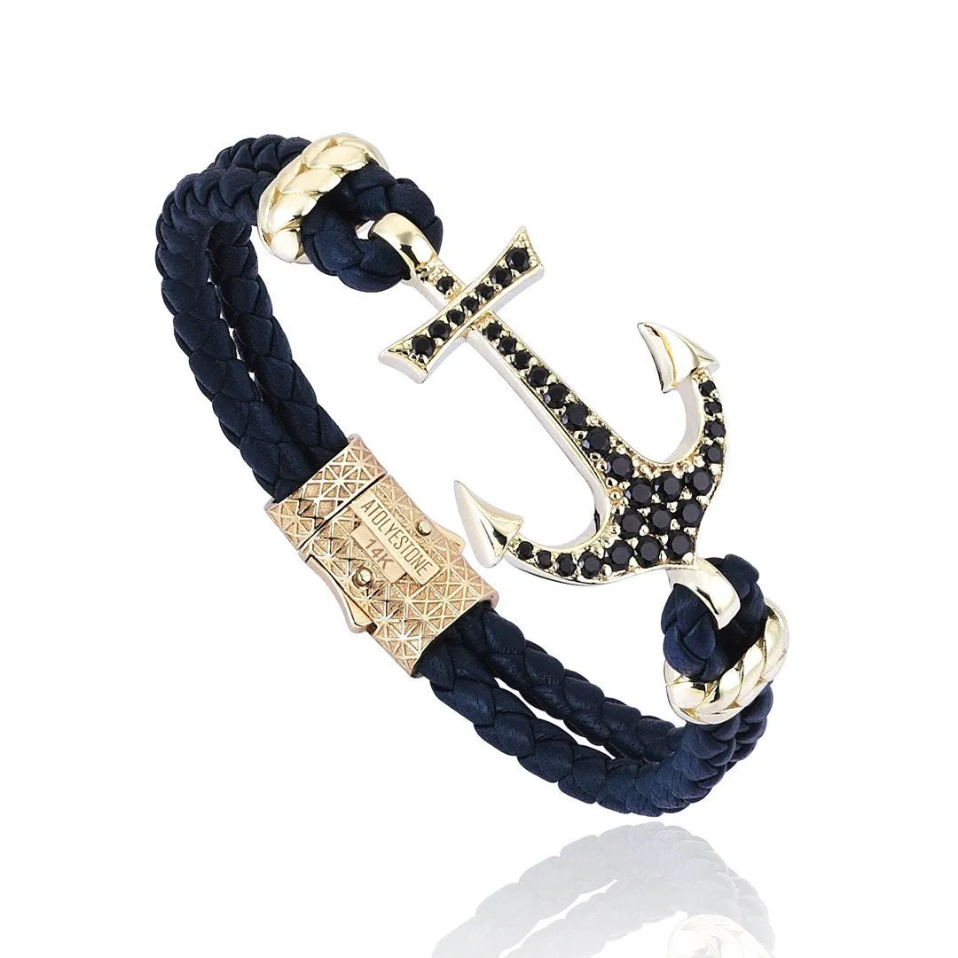 Anchor Leather Bracelet - Solid Yellow Gold
