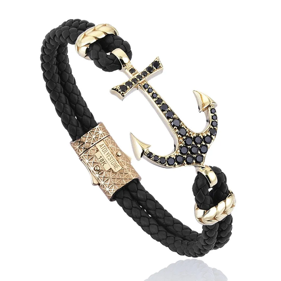 Anchor Leather Bracelet - Solid Yellow Gold