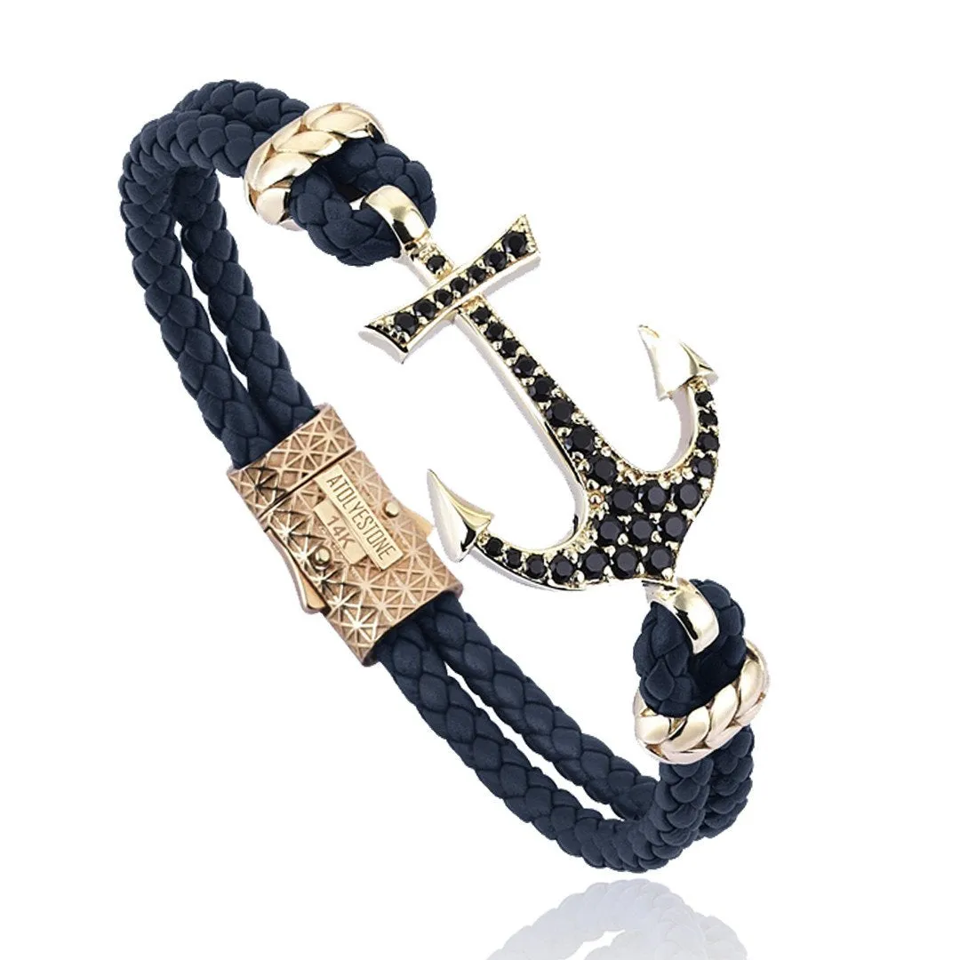 Anchor Leather Bracelet - Solid Yellow Gold