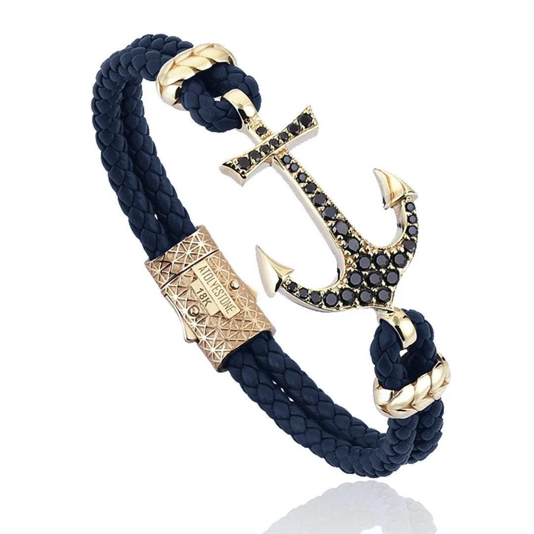 Anchor Leather Bracelet - Solid Yellow Gold