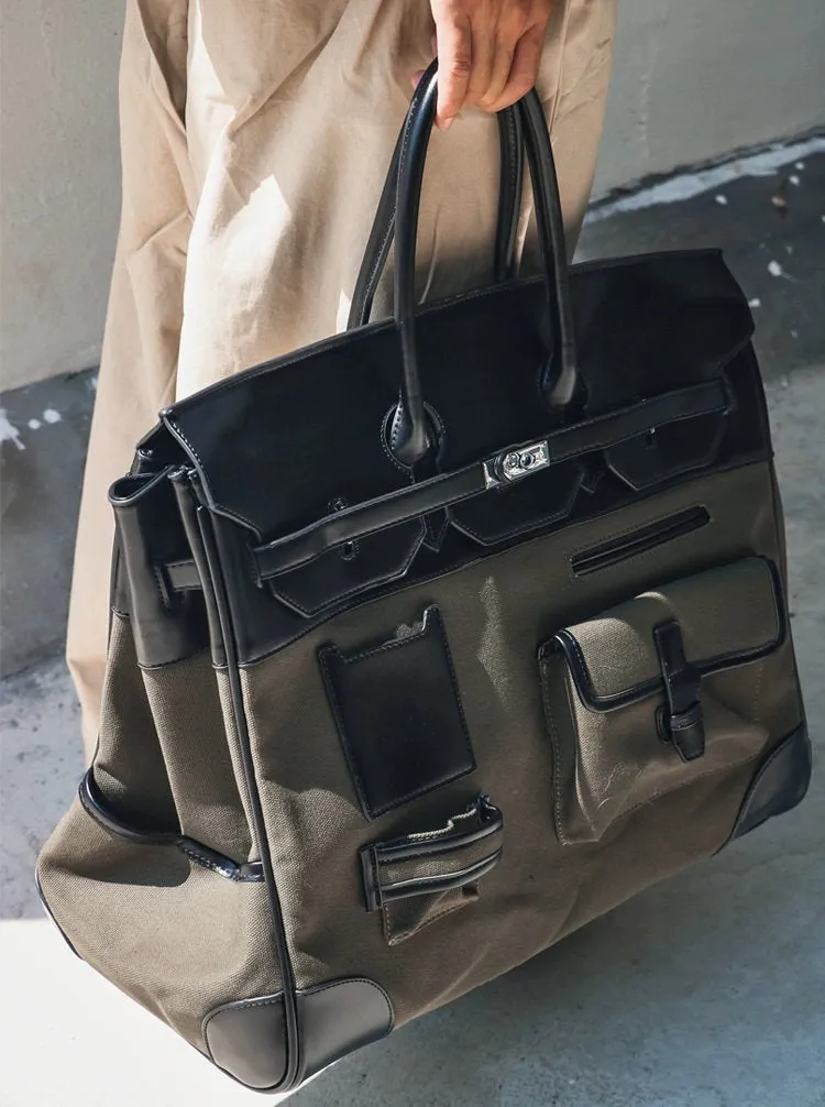 Army green Retro birkin inspired handmade canvas men business travel tote women weekender travel overnight weekend handbag