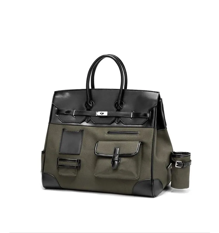 Army green Retro birkin inspired handmade canvas men business travel tote women weekender travel overnight weekend handbag