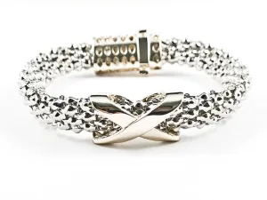 Beautiful Thick Textured X Design Two Tone Magnetic Clasp Brass Bracelet