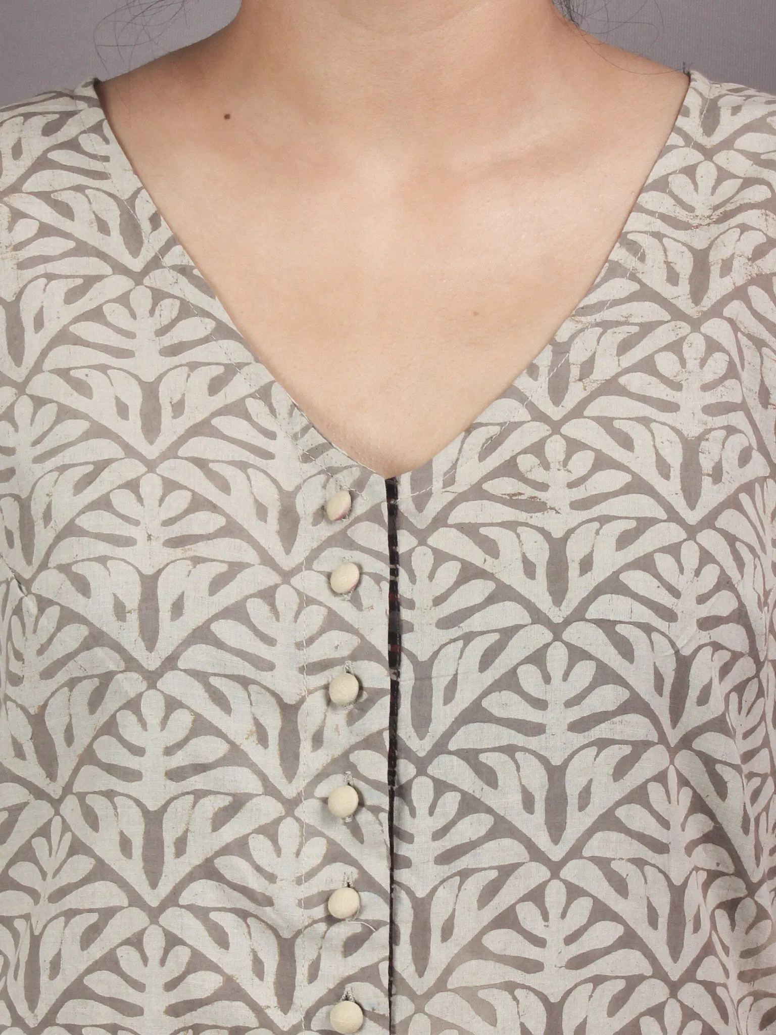 Beige Brown Hand Block Printed Long Cotton Dress With Front Slit - D0423803