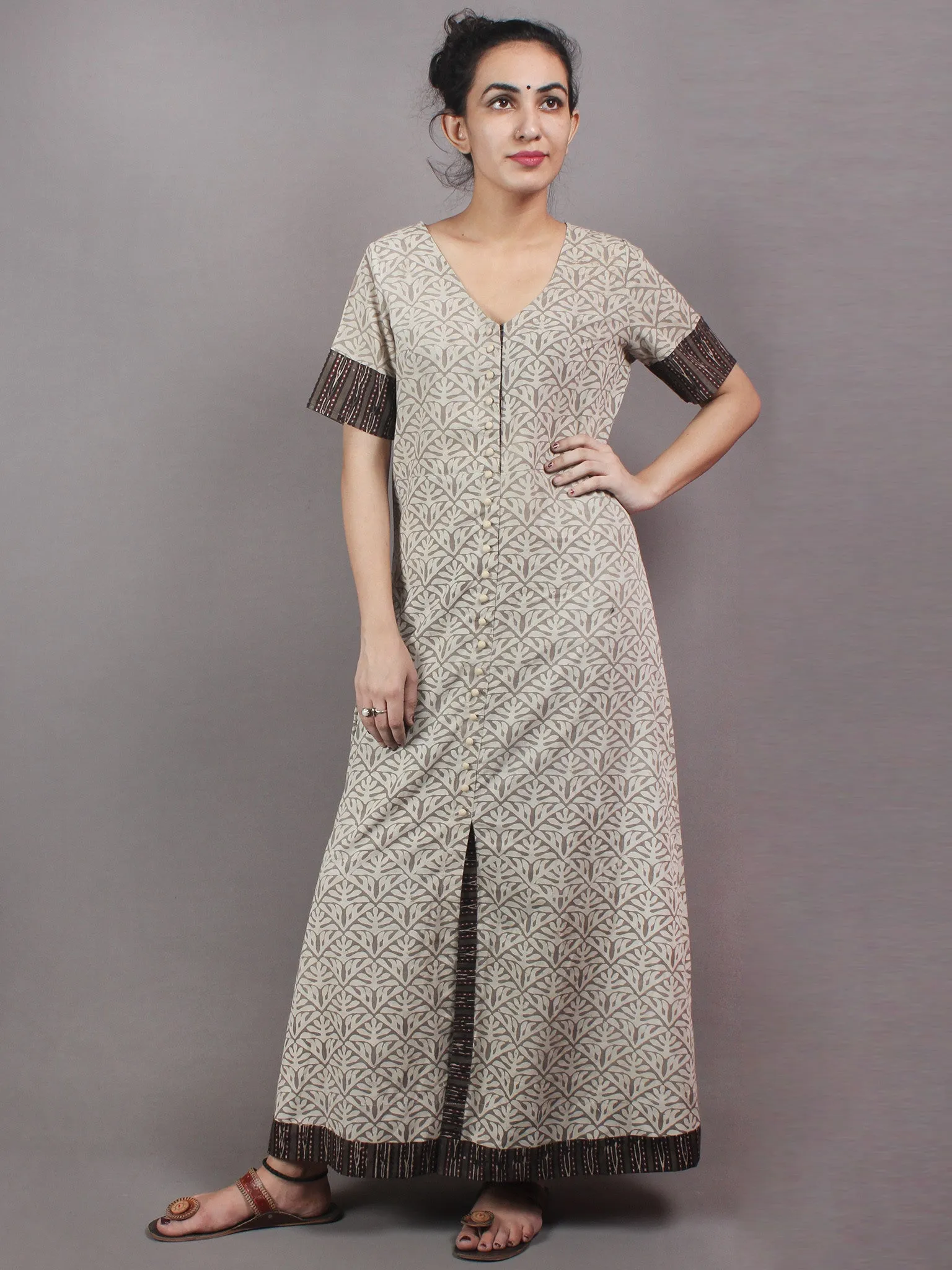 Beige Brown Hand Block Printed Long Cotton Dress With Front Slit - D0423803