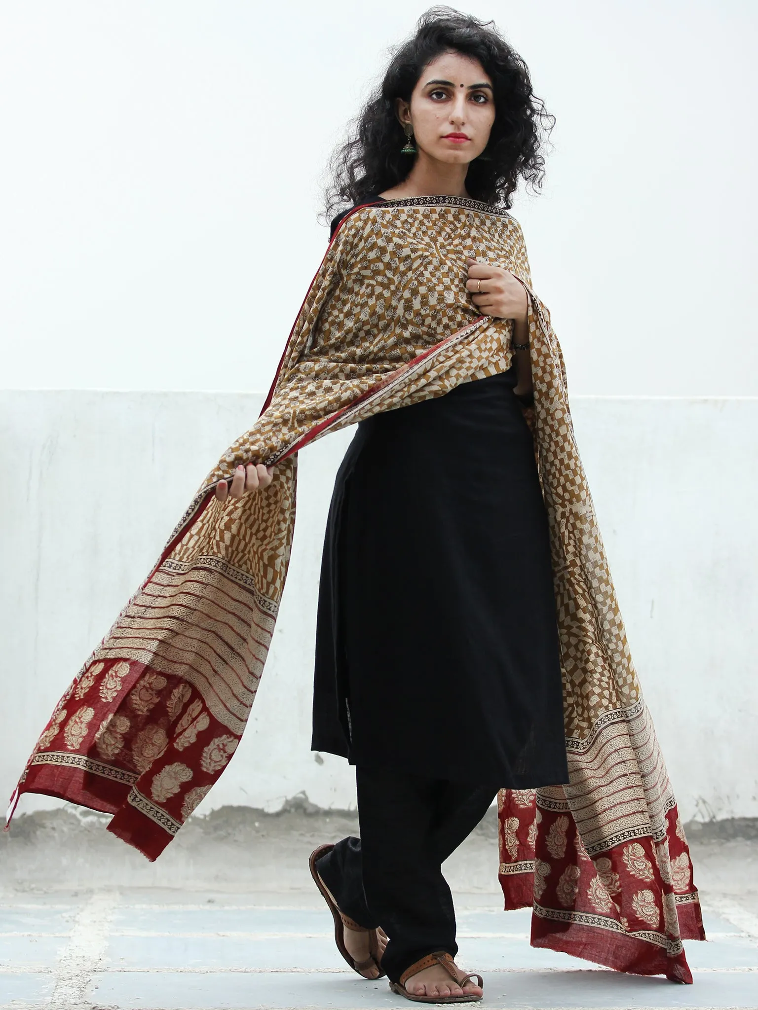 Beige Mustard Black Red Handloom Cotton Hand Block Printed Dupatta  - D04170390
