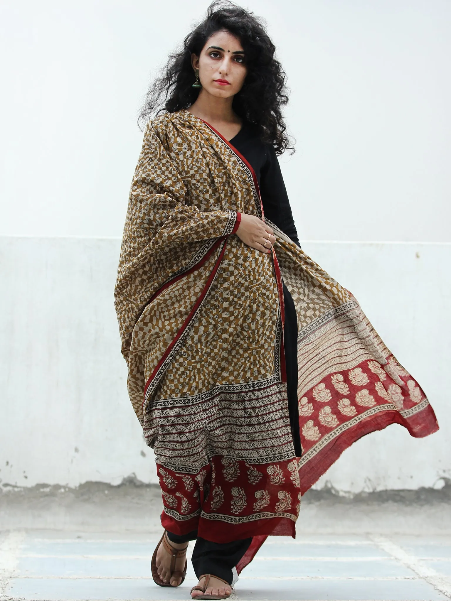 Beige Mustard Black Red Handloom Cotton Hand Block Printed Dupatta  - D04170390