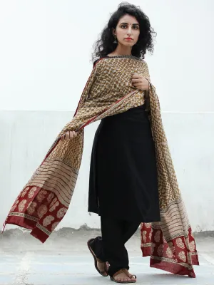 Beige Mustard Black Red Handloom Cotton Hand Block Printed Dupatta  - D04170390