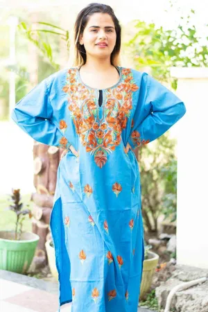 Blue Colour Cotton Kurti With Beautiful Aari Embroidery Gives Attractive Look To The Wearer.