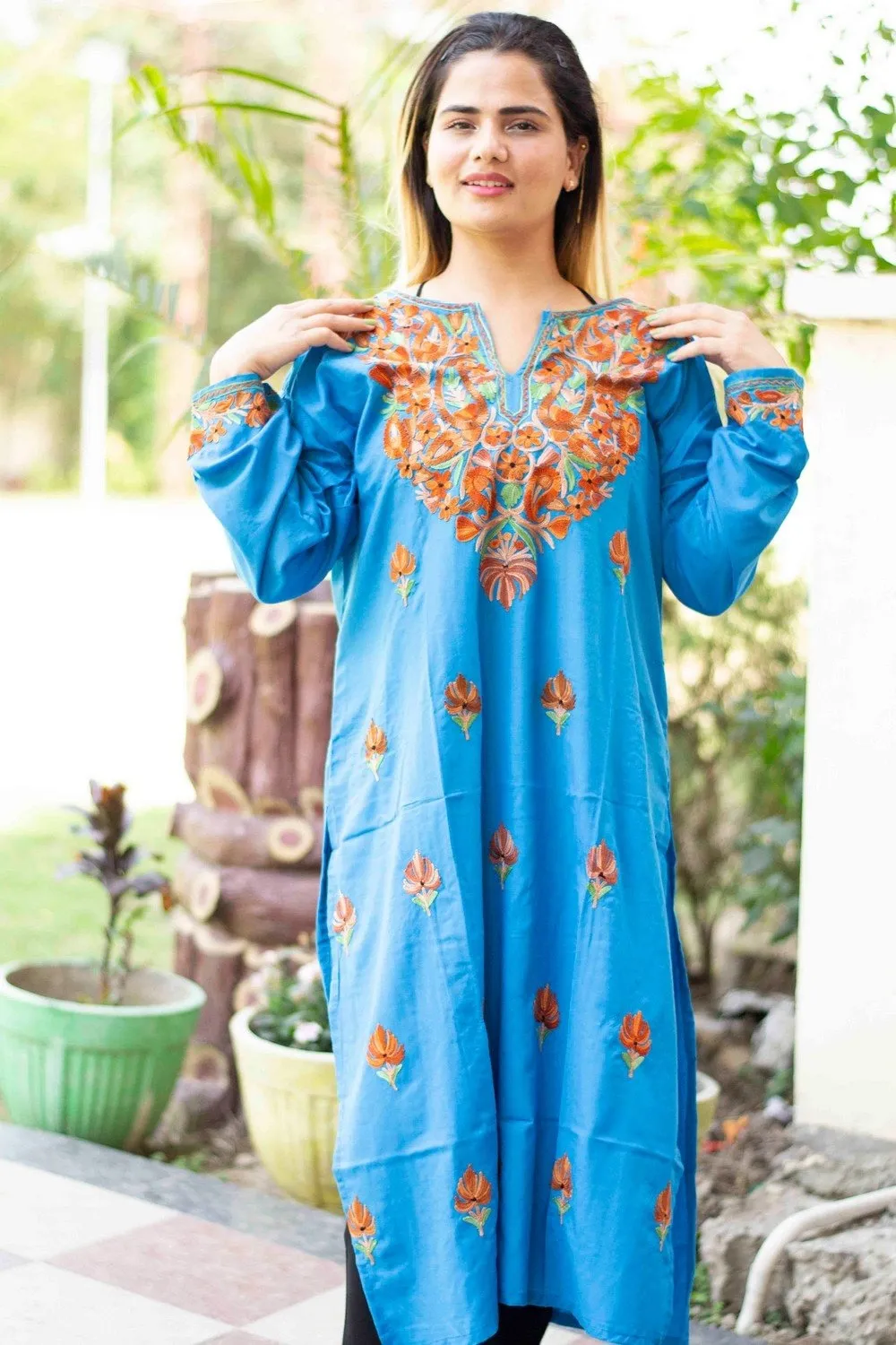 Blue Colour Cotton Kurti With Beautiful Aari Embroidery Gives Attractive Look To The Wearer.