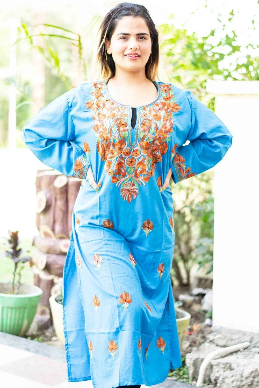 Blue Colour Cotton Kurti With Beautiful Aari Embroidery Gives Attractive Look To The Wearer.