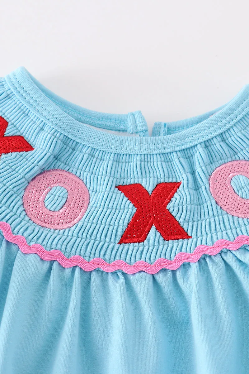 Blue valentine XOXO smocked girl bubble