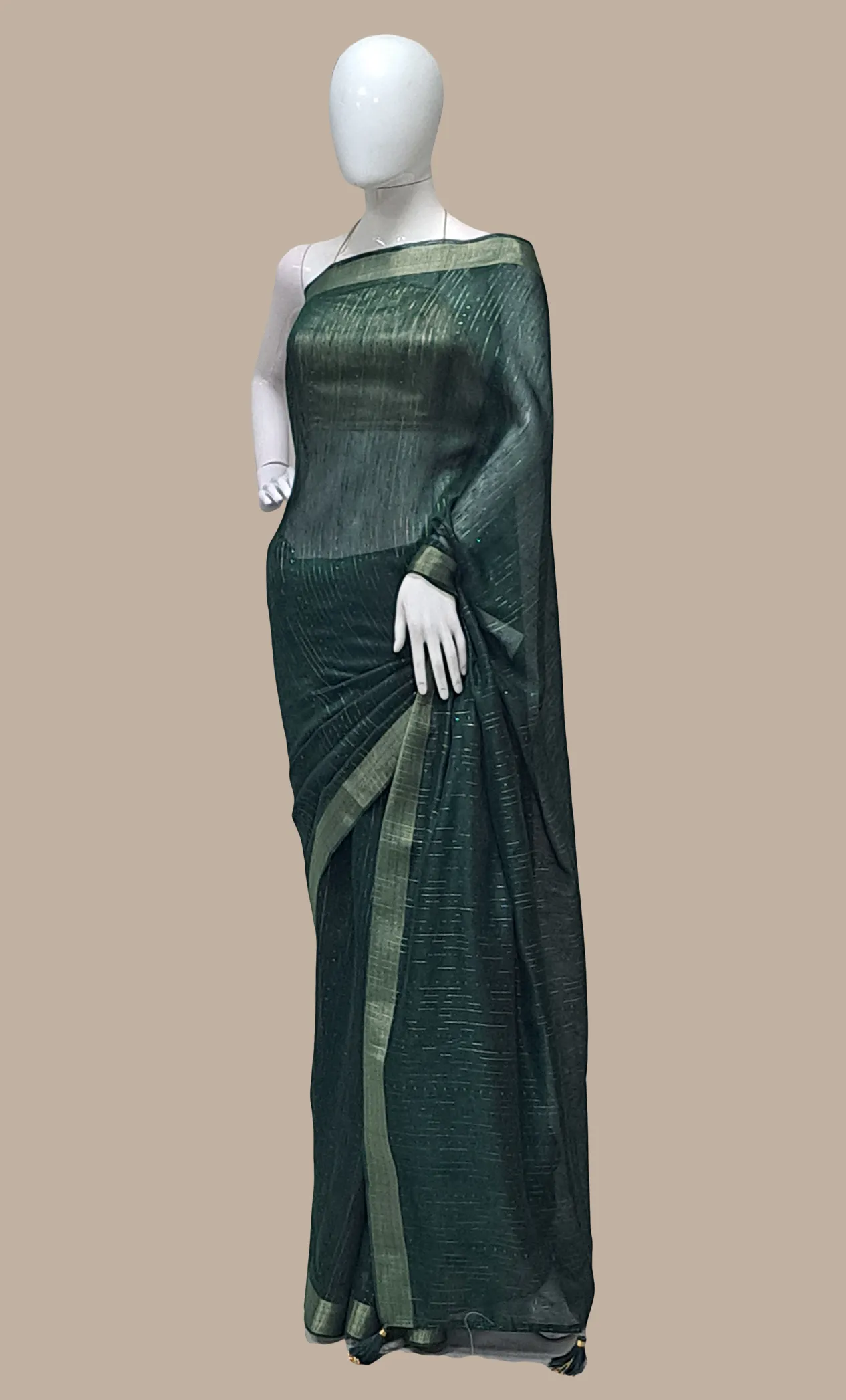 Bottle Green Cotton Embroidered Sari