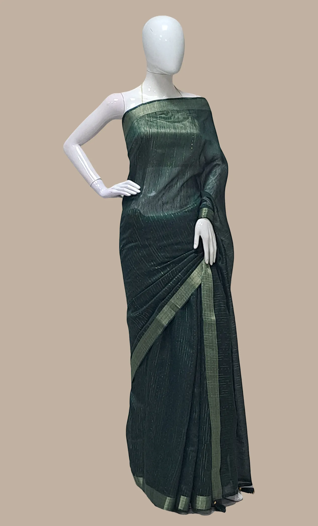 Bottle Green Cotton Embroidered Sari