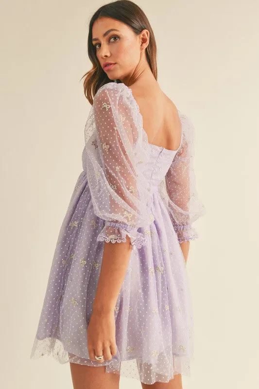 Caine Ribbon Print Swiss Dot Baby Doll Dress Lavender