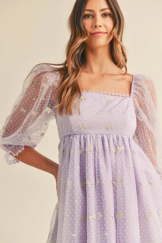 Caine Ribbon Print Swiss Dot Baby Doll Dress Lavender