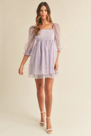 Caine Ribbon Print Swiss Dot Baby Doll Dress Lavender