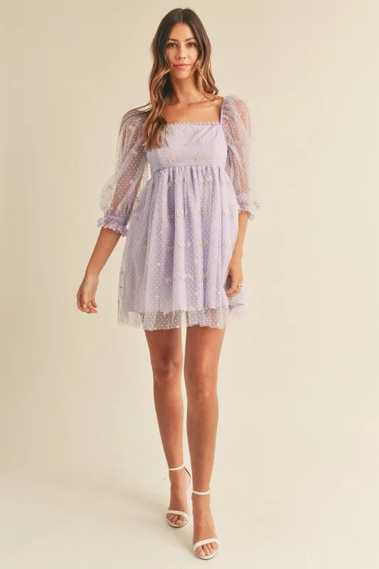 Caine Ribbon Print Swiss Dot Baby Doll Dress Lavender
