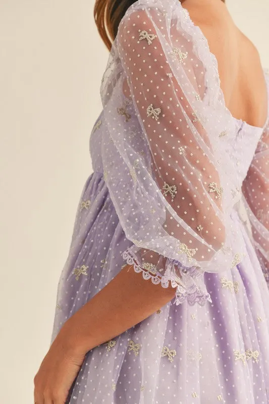 Caine Ribbon Print Swiss Dot Baby Doll Dress Lavender