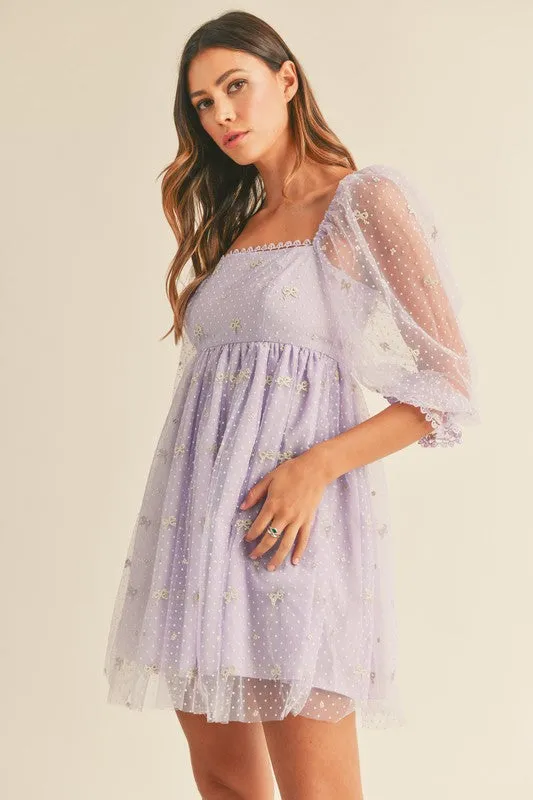 Caine Ribbon Print Swiss Dot Baby Doll Dress Lavender