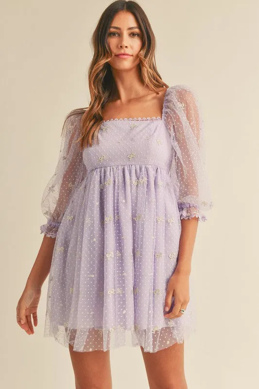 Caine Ribbon Print Swiss Dot Baby Doll Dress Lavender