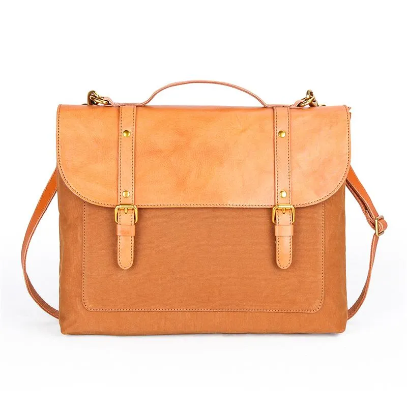 Canvas Leather Mens 15" Brown Messenger Bag Side Bag Briefcase Green Courier Bag for Men