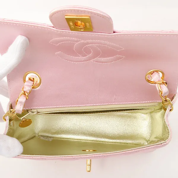 Chanel Around 1997 Made Silk Stain Classic Flap Chain Bag Mini Pink