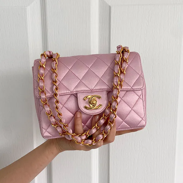 Chanel Around 1997 Made Silk Stain Classic Flap Chain Bag Mini Pink