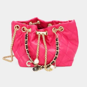 Charm Chain Faux Leather Pearl Charm Mini Bucket Bag