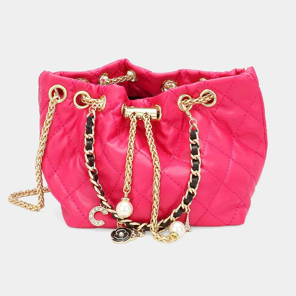 Charm Chain Faux Leather Pearl Charm Mini Bucket Bag