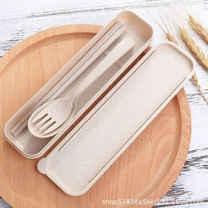Cutlery Wheat Straw Spoon Fork Chopsticks With Box Students Tableware Travel Portable Dinnerware Kitchen Accessories