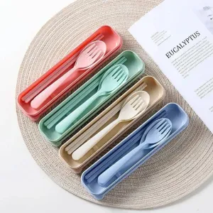 Cutlery Wheat Straw Spoon Fork Chopsticks With Box Students Tableware Travel Portable Dinnerware Kitchen Accessories