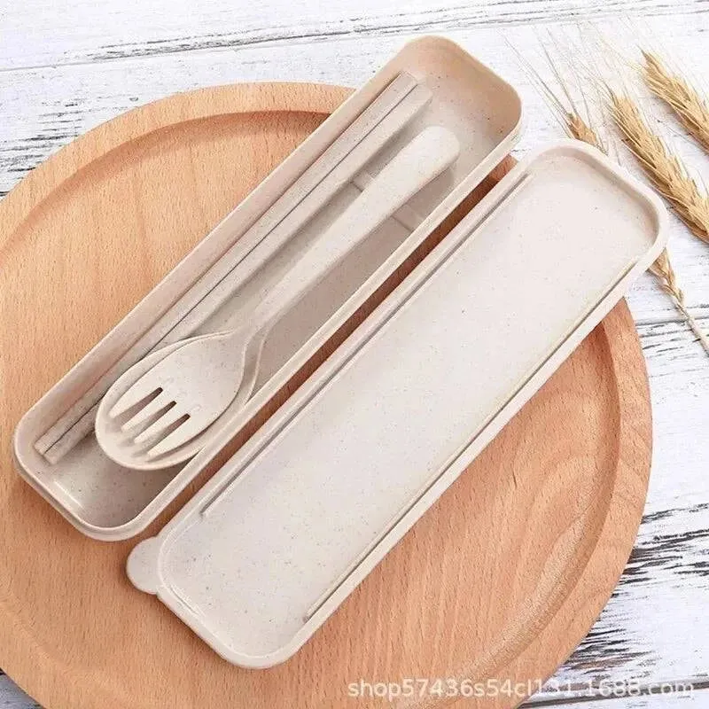 Cutlery Wheat Straw Spoon Fork Chopsticks With Box Students Tableware Travel Portable Dinnerware Kitchen Accessories